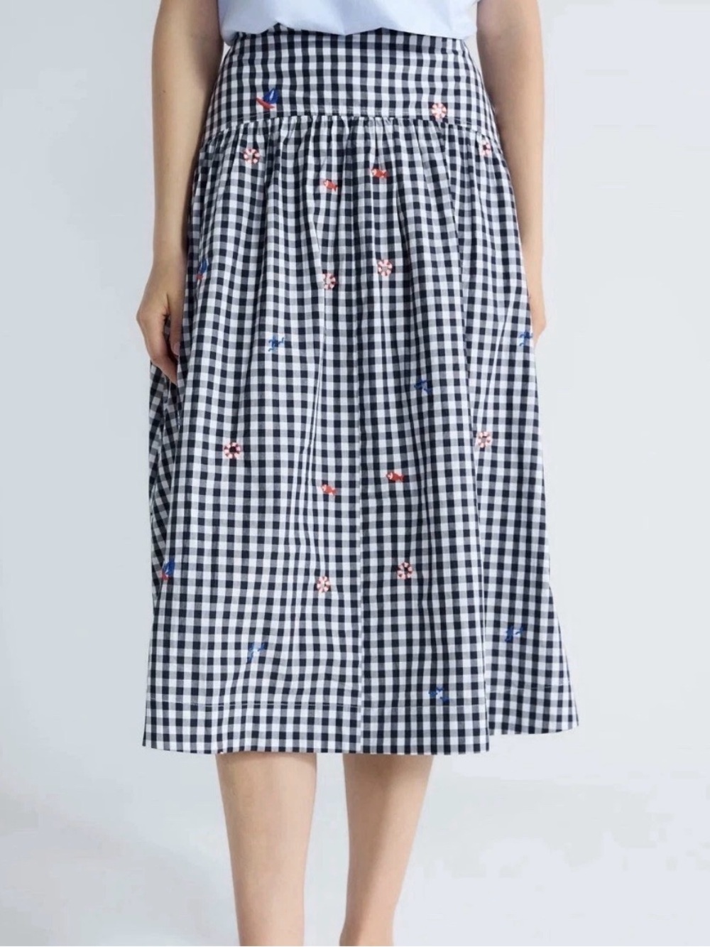 NWT Free Assembly Midi Skirt Embroidered Gingham Nautical Cotton Size 10